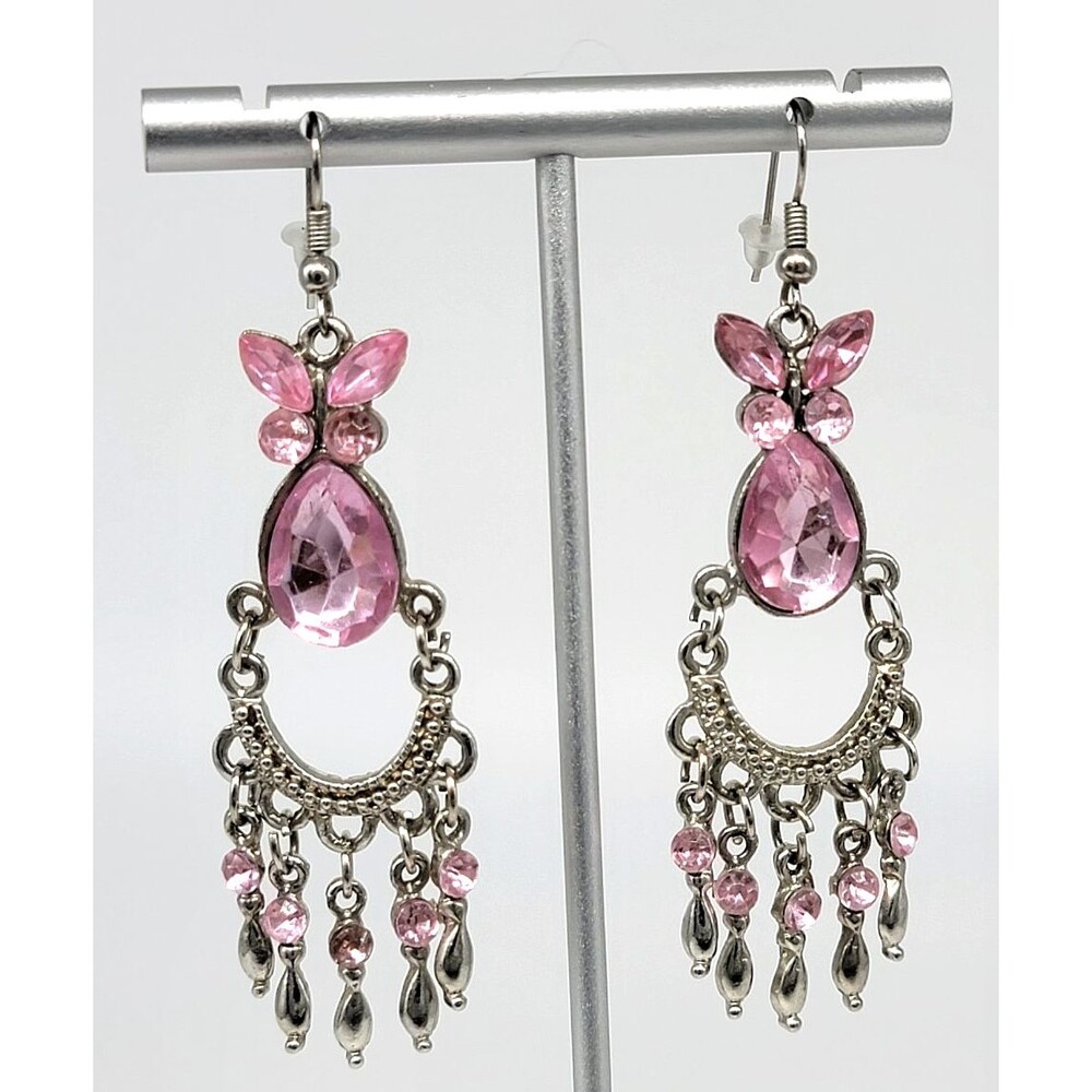 Pink Rhinestone Butterfly Chandelier Earrings Drop Dangle Silver Tone Hook